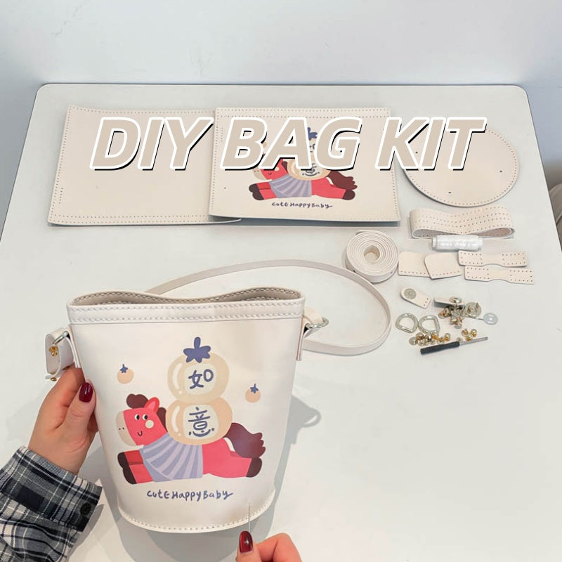 DIY PU Leather Bucket Bag Kit for Beginners – Handmade Crossbody Shoulder Bag Sewing Kit with Pre-Cut Materials & Video Tutorial