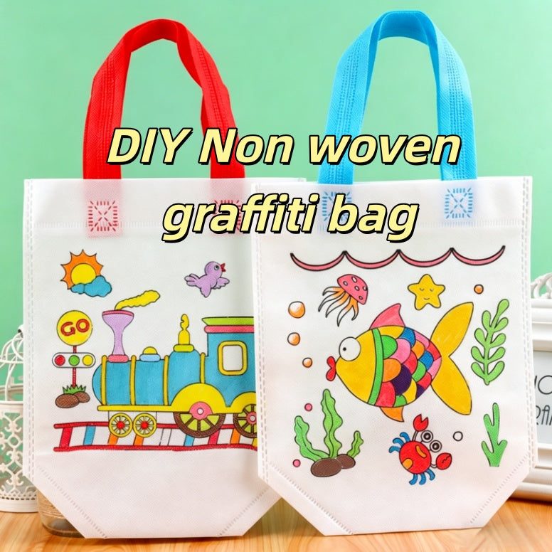 DIY Cartoon Coloring Tote Bag Kit for Kids – Creative Non-Woven Fabric Painting Handbag with Markers
