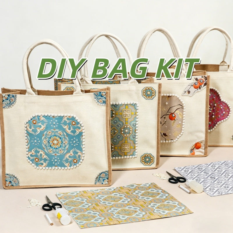 DIY Fabric Tote Bag Kit with Floral Brocade & Pearl Decoration | Handmade Canvas Handbag Craft Set Creative Gift