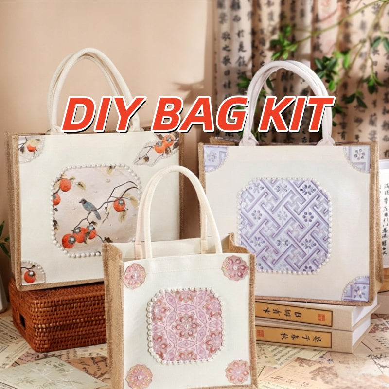 DIY Fabric Tote Bag Kit with Floral Brocade & Pearl Decoration | Handmade Canvas Handbag Craft Set Creative Gift