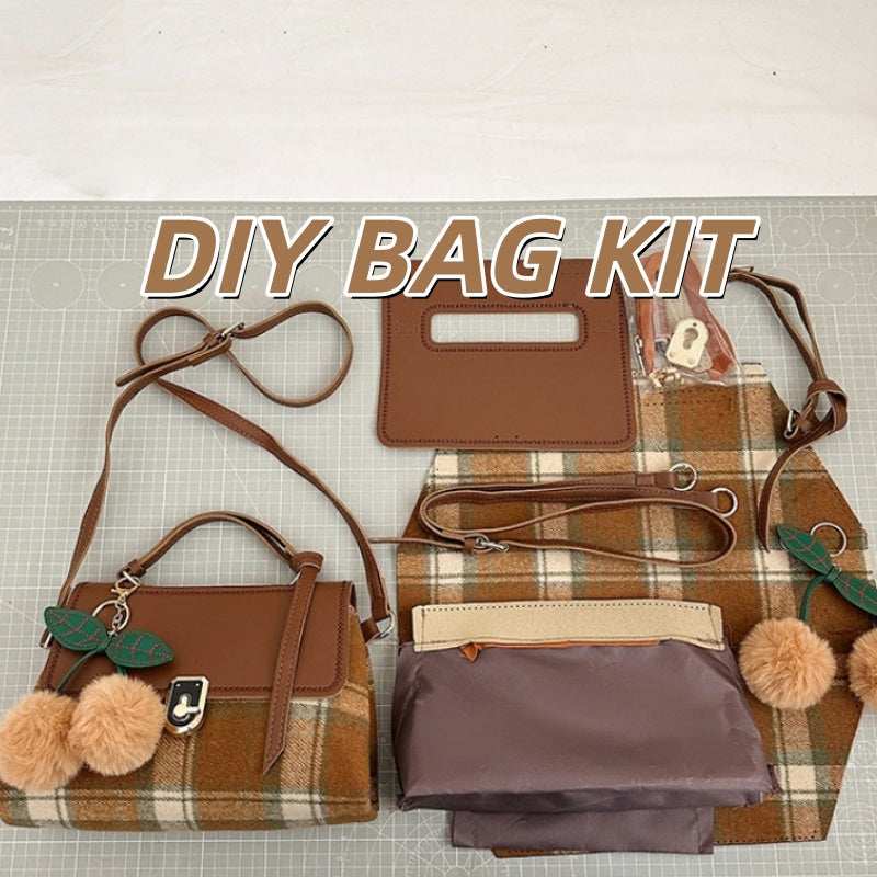 DIY Plaid Leather Tote Bag Kit – Beginner-Friendly 8-Minute Handmade Craft Set | Pre-Cut PU & Wool Fabric | Crossbody/Shoulder/Handheld Bag Gift Set