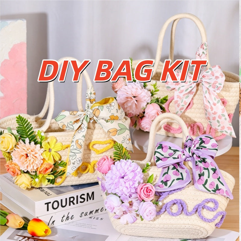 DIY Floral Straw Woven Bag Kit | Handmade Flower Weaving Tote Craft Set with Artificial Flowers | Spring & Summer Travel Fashion Bag Gift