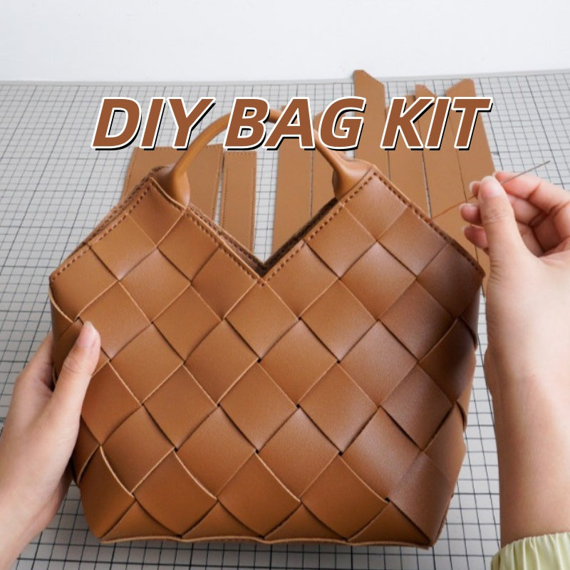 DIY Wide Grid Woven Mini Hand Tote Bag Sewing Kit, Genuine Leather & PU Material Multi Color Handmade Craft Bag For Women