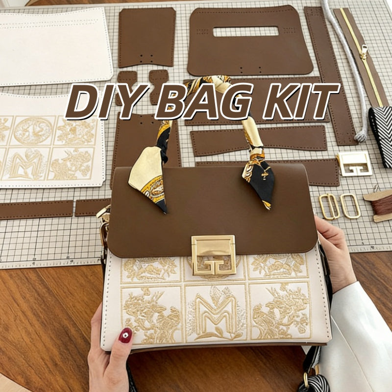 DIY PU Leather Tote Bag Kit for Beginners – Handmade Shoulder & Crossbody Handbag with Video Tutorial, Pre-Cut Materials, Brown/Red White/Red
