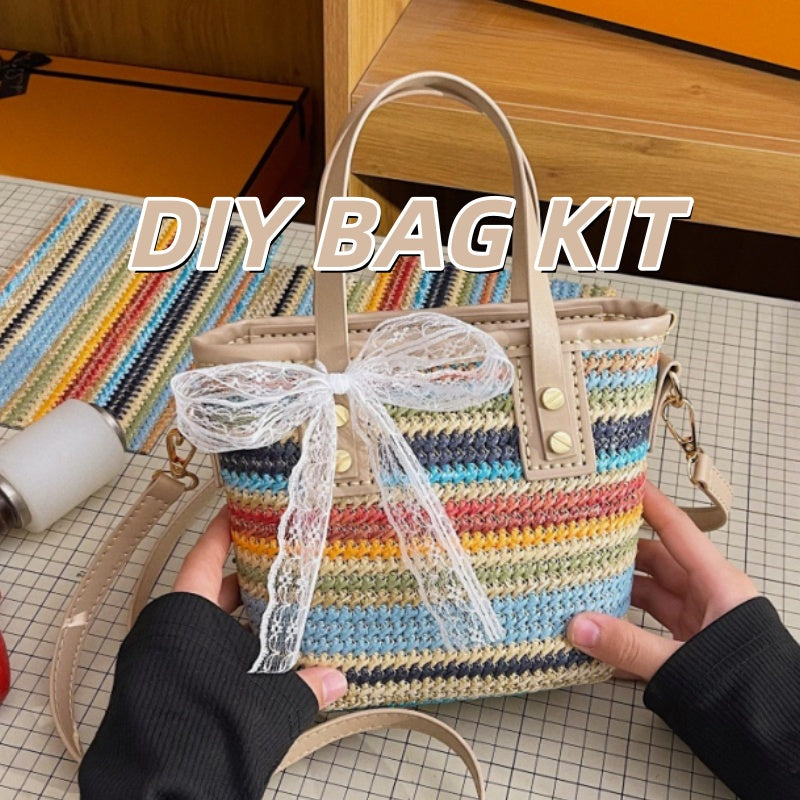 DIY Woven Straw & PU Leather Handbag Kit for Beginners – Handmade Crossbody Tote Bag Sewing Kit with Video Tutorial