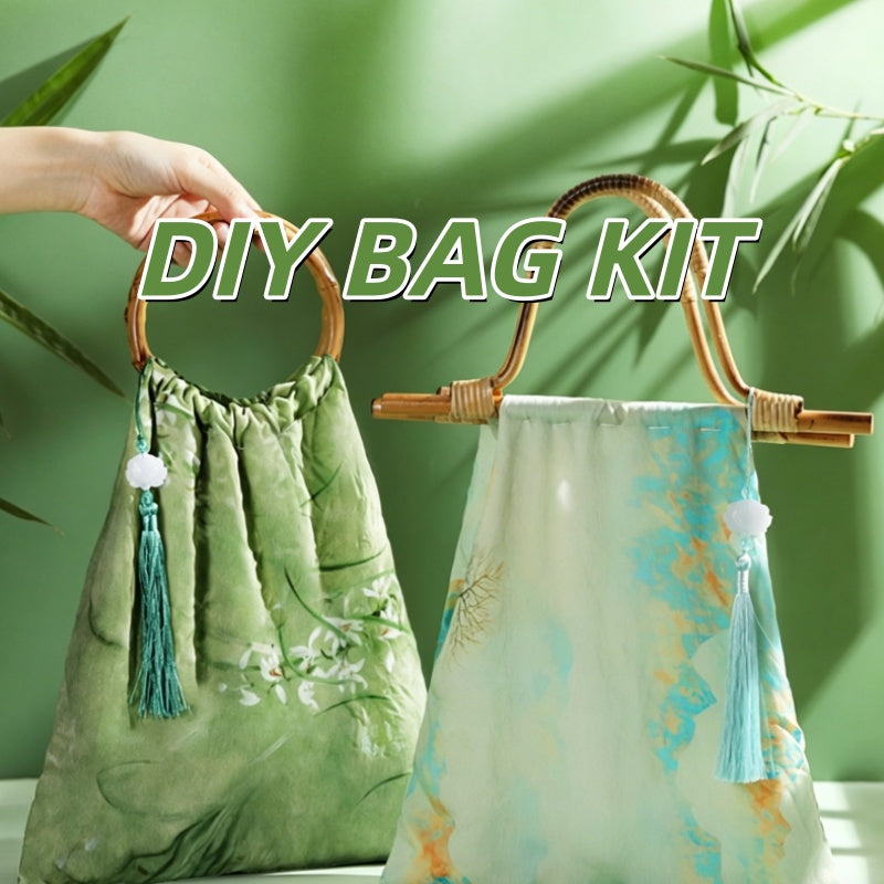 DIY Bamboo Handle Handbag Kit | Chinese Style Straw Woven Bag Craft Set with Fabric Materials | Handmade New Chinese Aesthetic Gift Bag