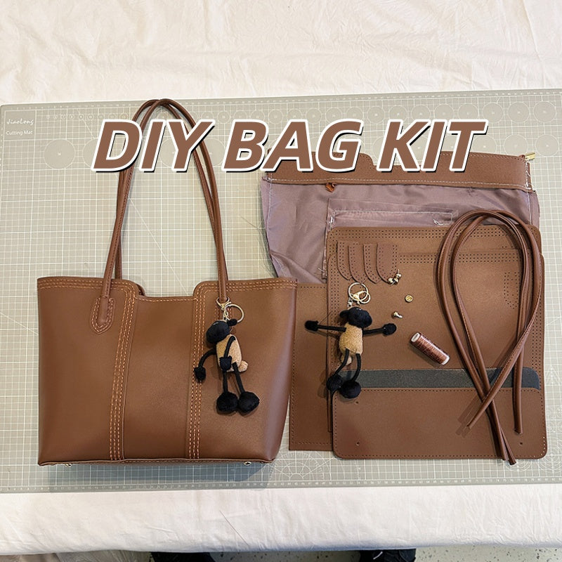 DIY PU Leather Tote Bag Kit for Beginners – Handmade Shoulder Handbag with Video Tutorial, Pre-Cut Materials, Khaki/White/Brown/Black