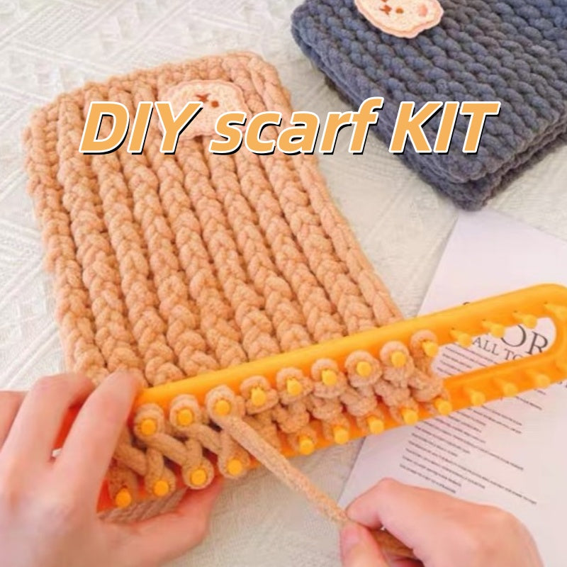 DIY Chunky Soft Yarn Knit Scarf Making Kit, Cute Bear Patch Warm Handmade Winter Scarf Craft Kit Multiple Color Options For Beginners