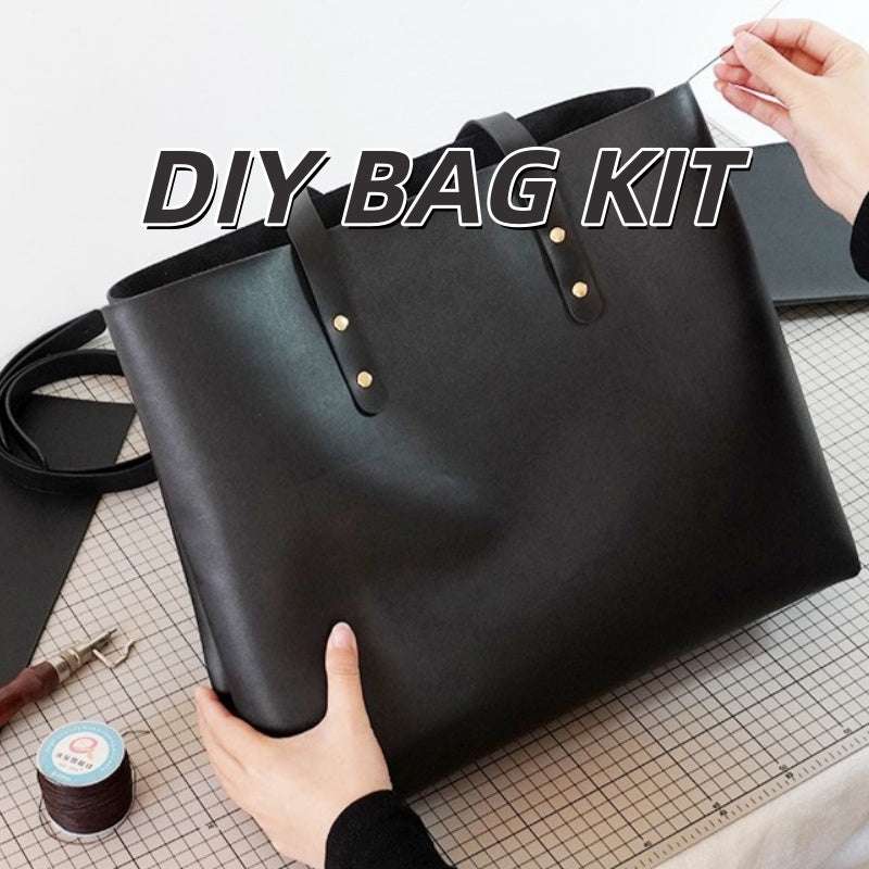 DIY Genuine Leather Tote Bag Kit for Beginners – Handmade Cowhide Shoulder Handbag with Video Tutorial, Pre-Cut Sewing Craft Set