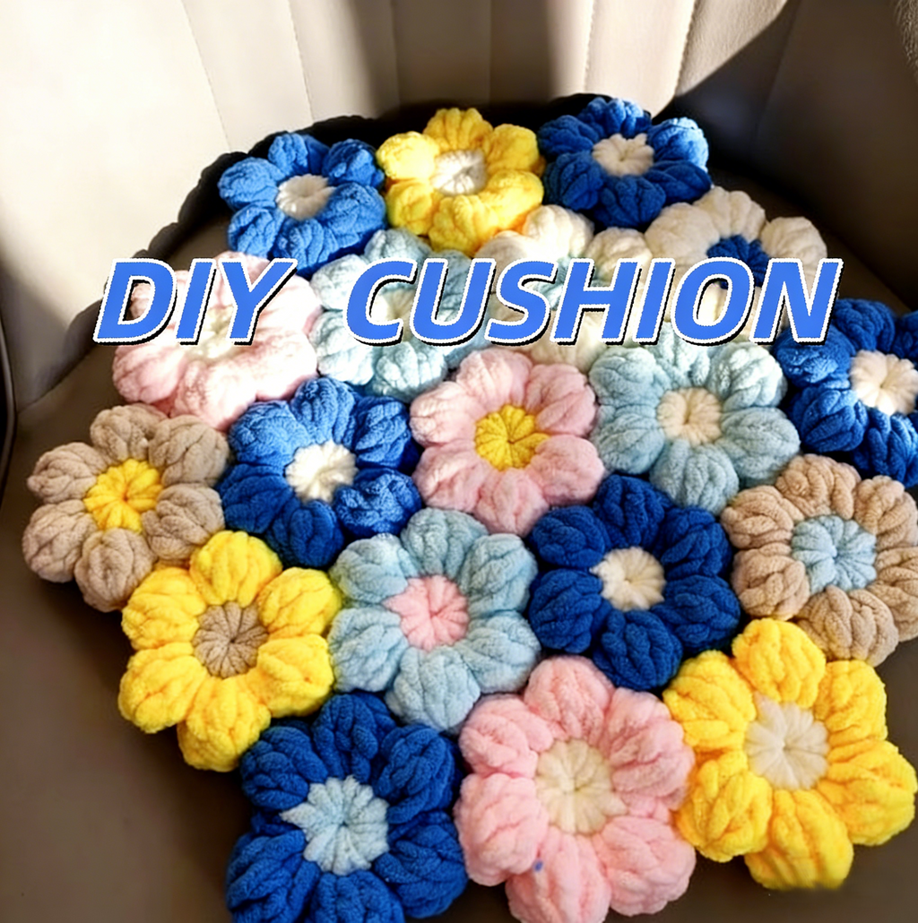 DIY Puff Flower Seat Cushion Crochet Kit – Handmade Ice Silk Yarn Chair Pad Craft Set for Beginners with Video Tutorial