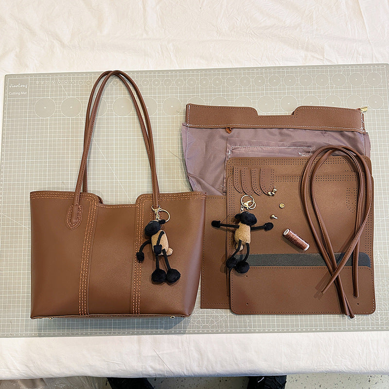 DIY PU Leather Tote Bag Kit for Beginners – Handmade Shoulder Handbag with Video Tutorial, Pre-Cut Materials, Khaki/White/Brown/Black