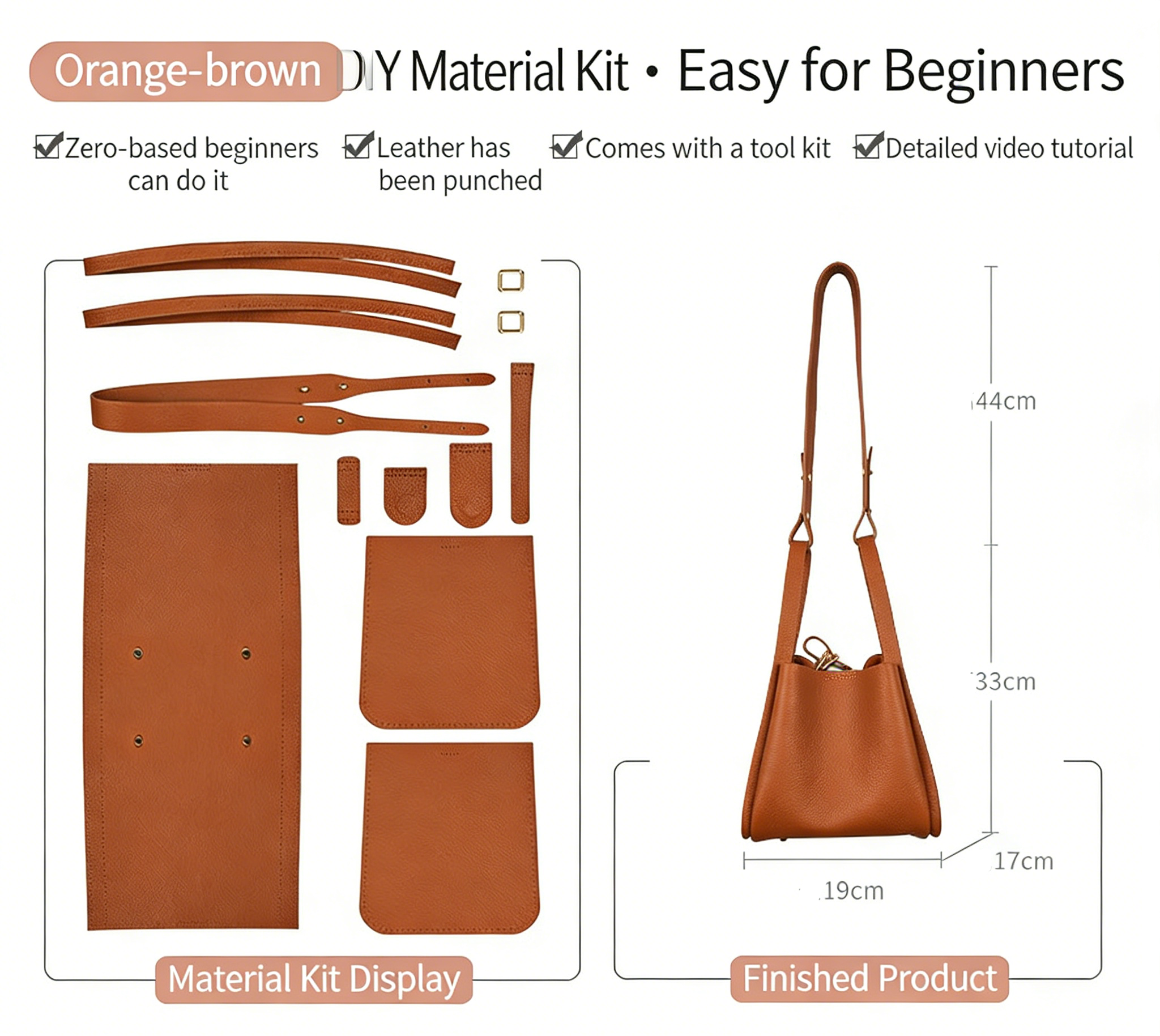 DIY Full Grain Leather Shoulder Bag Kit – Handmade Top Layer Cowhide Bag Craft Set for Beginners with Video Tutorial (Premium Daily Use Design)