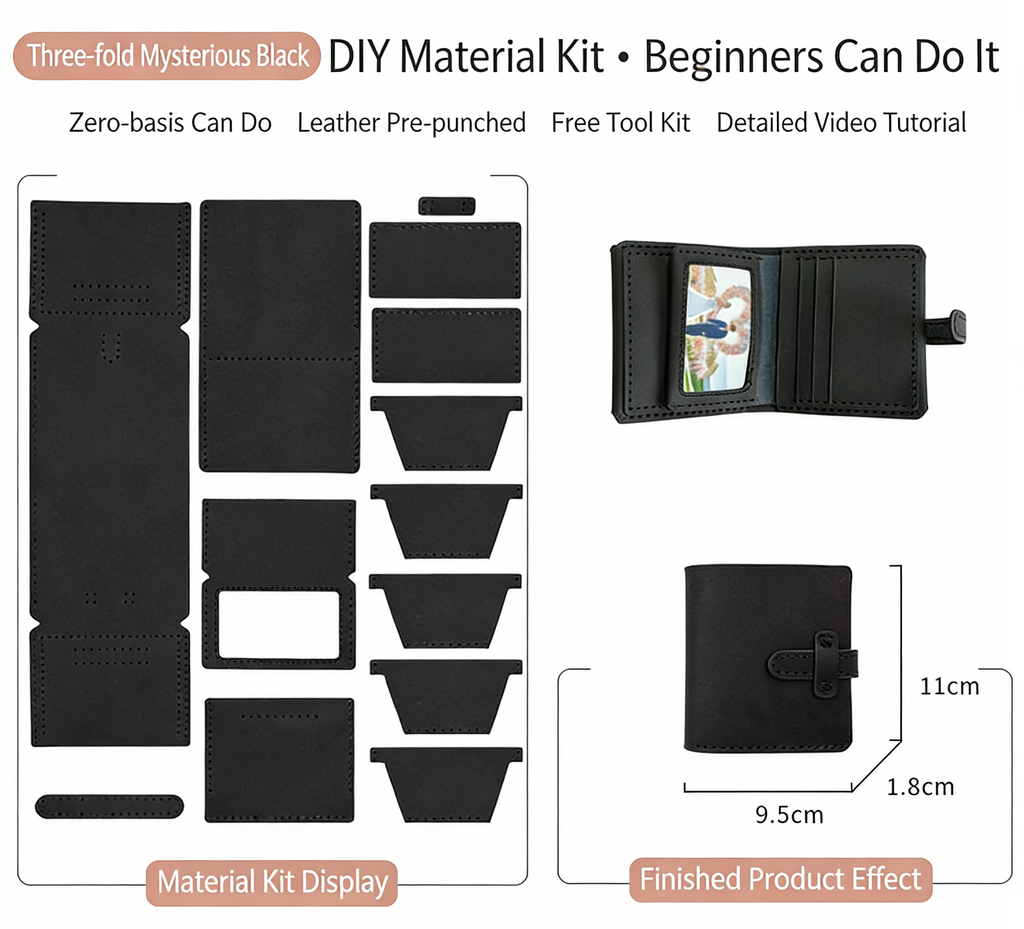 DIY Leather Wallet Kit for Beginners – Handmade Cowhide Bi-Fold & Tri-Fold Wallet Sewing Kit with Pre-Cut Leather and Video Tutorial