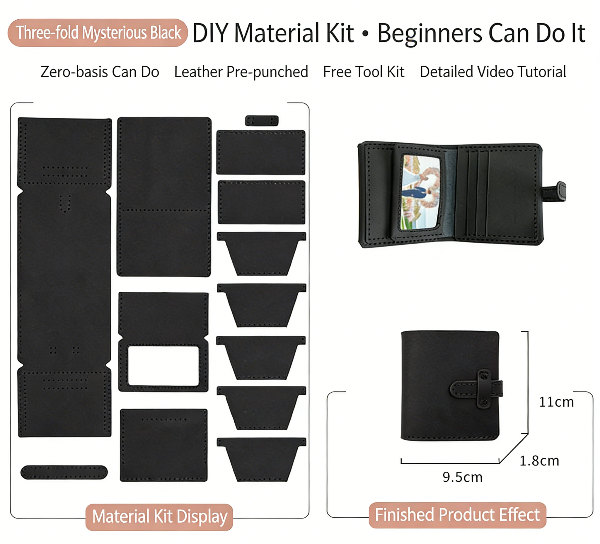 DIY Leather Wallet Kit for Beginners – Handmade Cowhide Bi-Fold & Tri-Fold Wallet Sewing Kit with Pre-Cut Leather and Video Tutorial