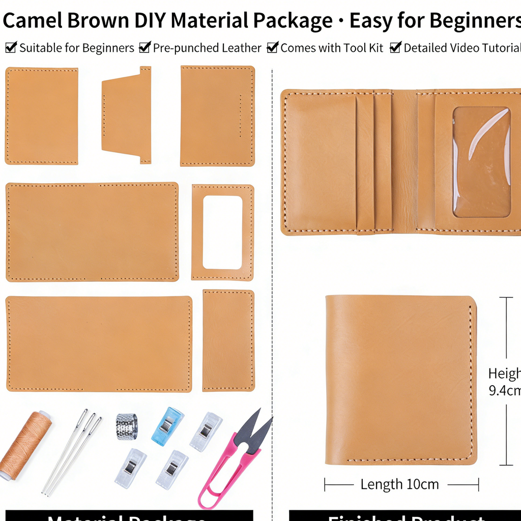 DIY Genuine Leather Vertical Bifold Wallet Kit for Beginners – Handmade Cowhide Wallet with Pre-Cut Pieces & Video Tutorial