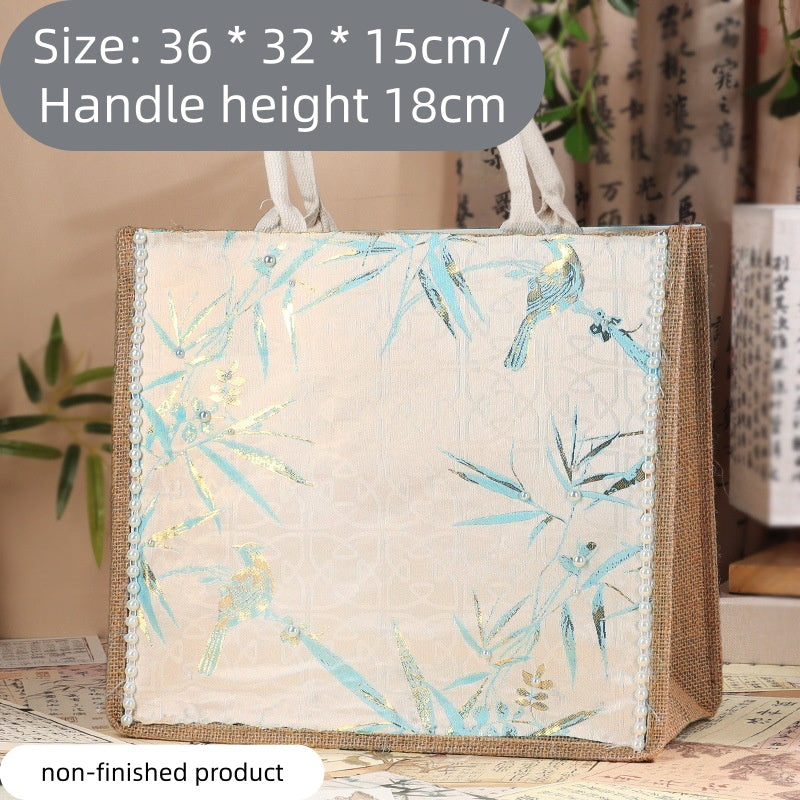 DIY Fabric Tote Bag Kit with Floral Brocade & Pearl Decoration | Handmade Canvas Handbag Craft Set Creative Gift
