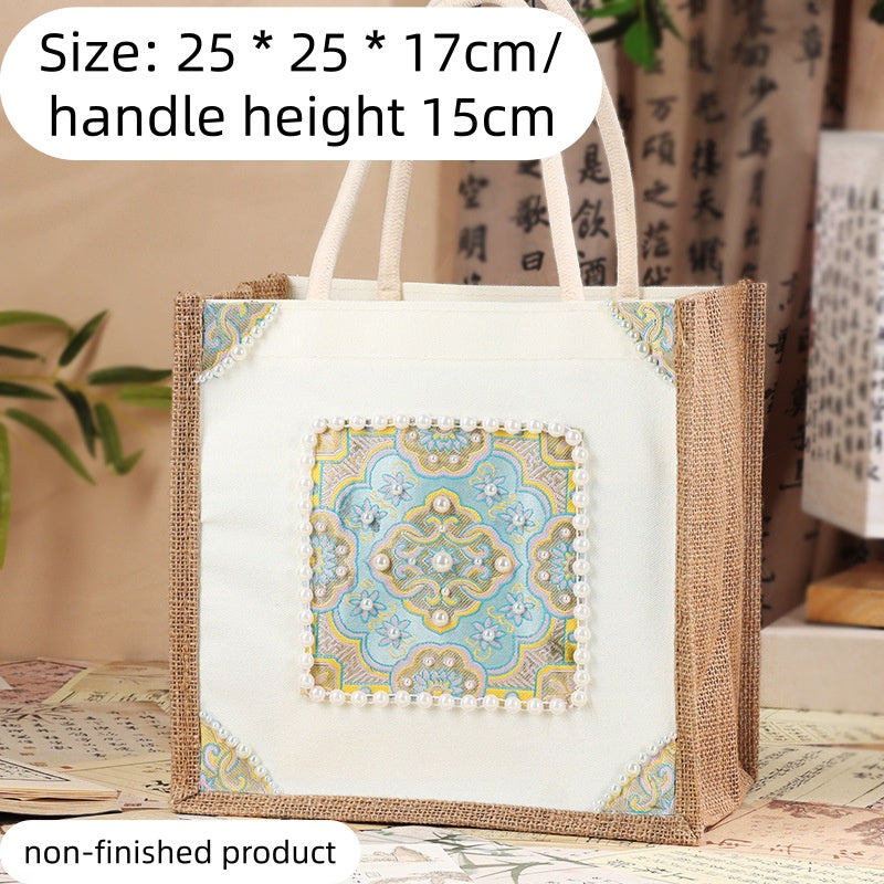 DIY Fabric Tote Bag Kit with Floral Brocade & Pearl Decoration | Handmade Canvas Handbag Craft Set Creative Gift
