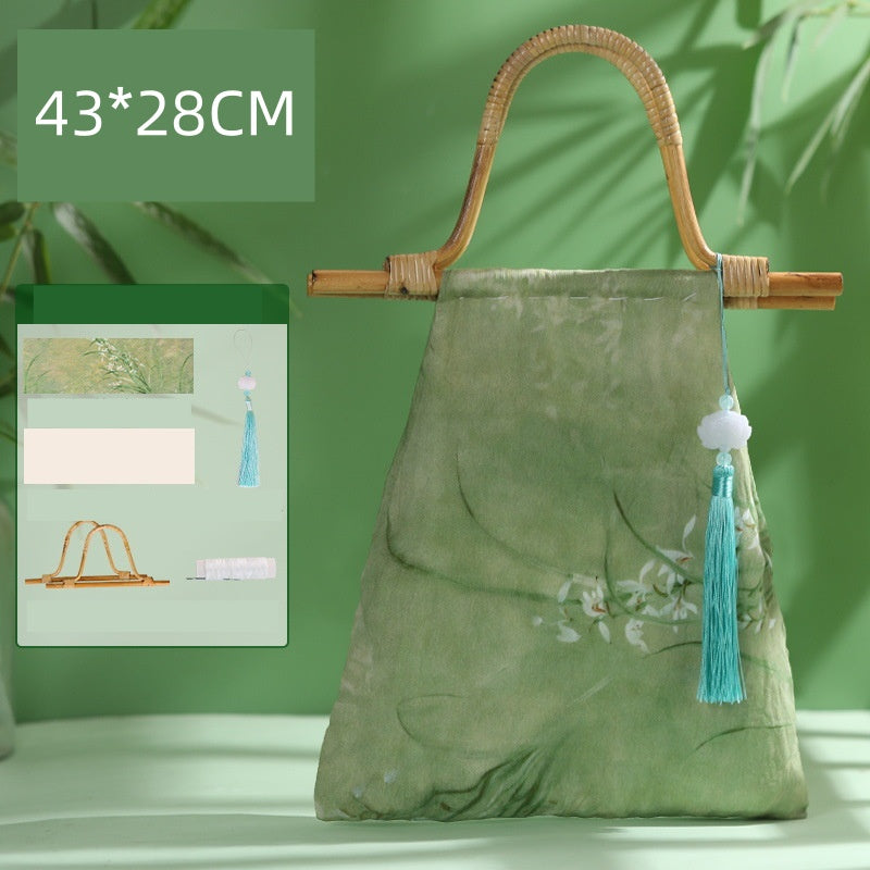 DIY Bamboo Handle Handbag Kit | Chinese Style Straw Woven Bag Craft Set with Fabric Materials | Handmade New Chinese Aesthetic Gift Bag