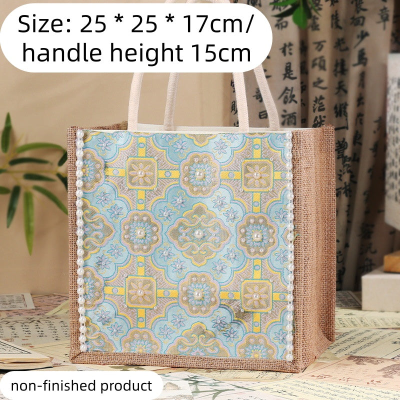 DIY Fabric Tote Bag Kit with Floral Brocade & Pearl Decoration | Handmade Canvas Handbag Craft Set Creative Gift