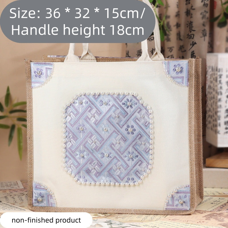 DIY Fabric Tote Bag Kit with Floral Brocade & Pearl Decoration | Handmade Canvas Handbag Craft Set Creative Gift