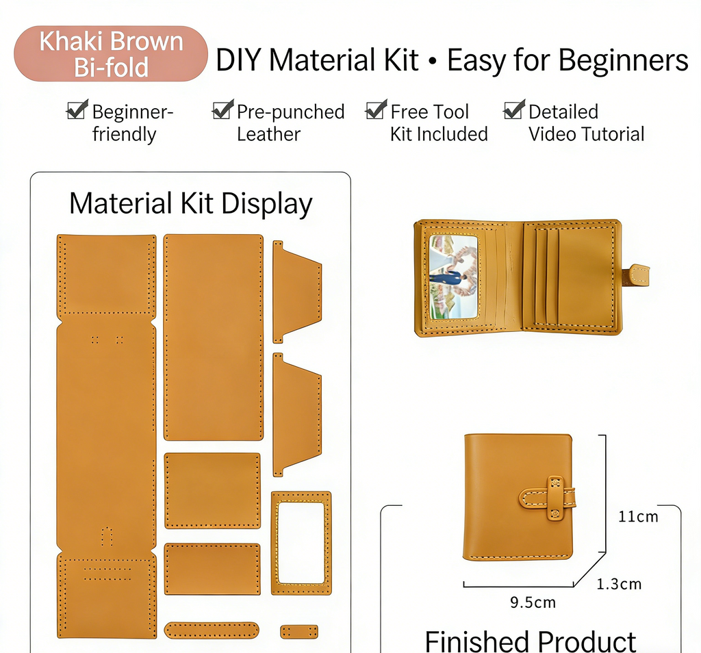 DIY Leather Wallet Kit for Beginners – Handmade Cowhide Bi-Fold & Tri-Fold Wallet Sewing Kit with Pre-Cut Leather and Video Tutorial