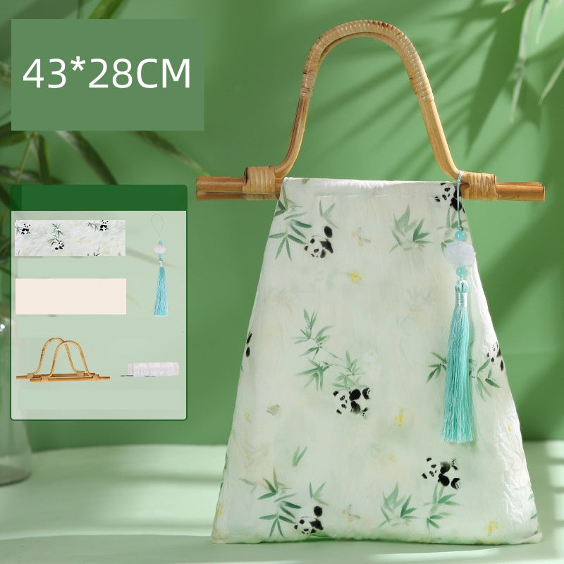 DIY Bamboo Handle Handbag Kit | Chinese Style Straw Woven Bag Craft Set with Fabric Materials | Handmade New Chinese Aesthetic Gift Bag