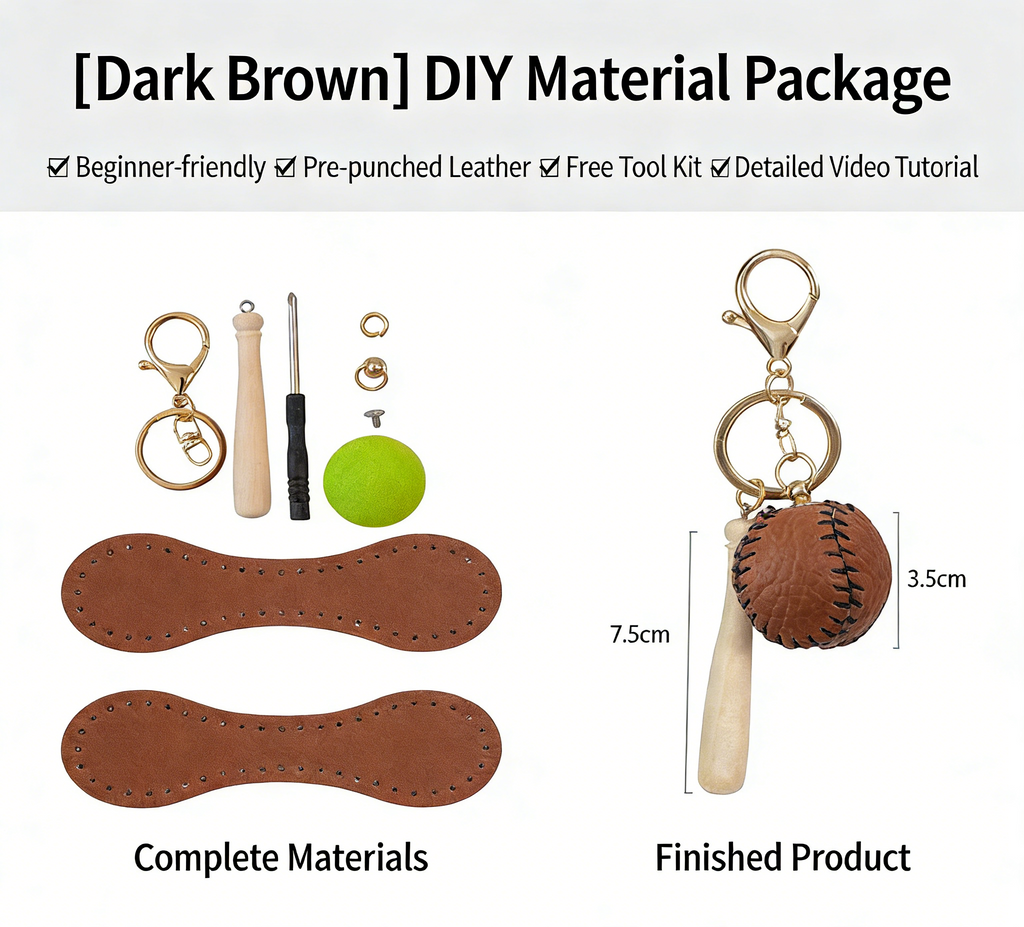DIY Baseball Keychain Craft Kit | Beginner-Friendly Handmade Leather Gift Set | Pre-Cut Real Cowhide DIY Stitching Kit