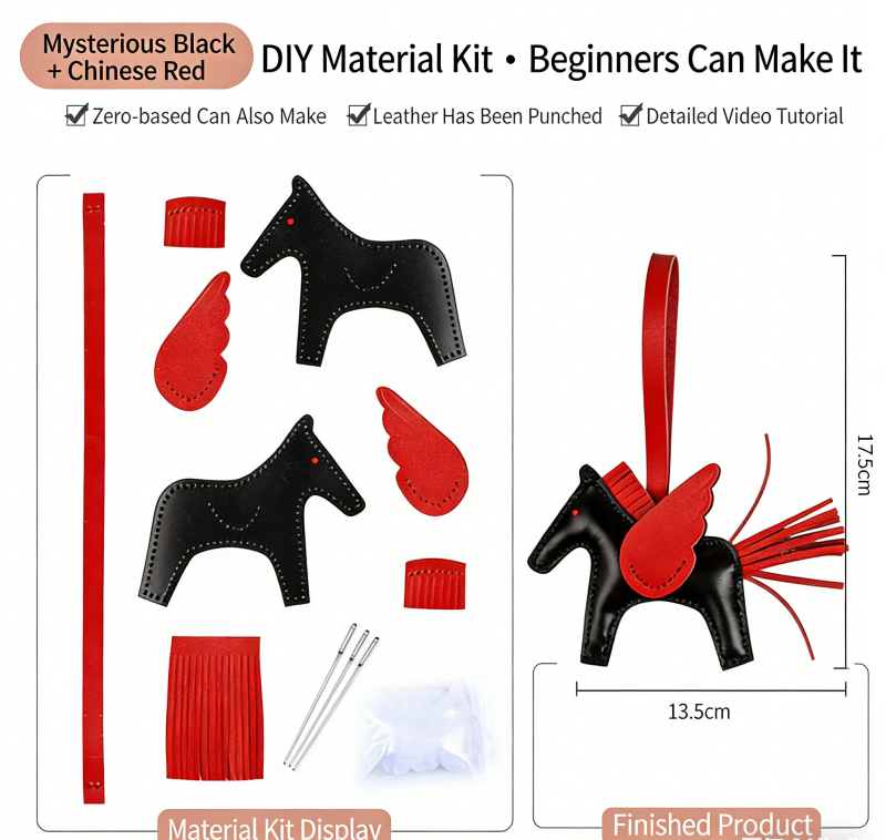 DIY Genuine Leather Pegasus Keychain Kit for Beginners – Handmade Bag Charm, Car Pendant & Key Ring Craft Set with Video Tutorial