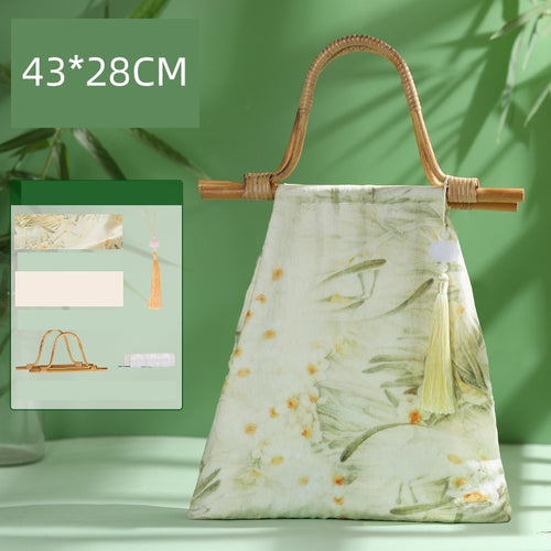 DIY Bamboo Handle Handbag Kit | Chinese Style Straw Woven Bag Craft Set with Fabric Materials | Handmade New Chinese Aesthetic Gift Bag