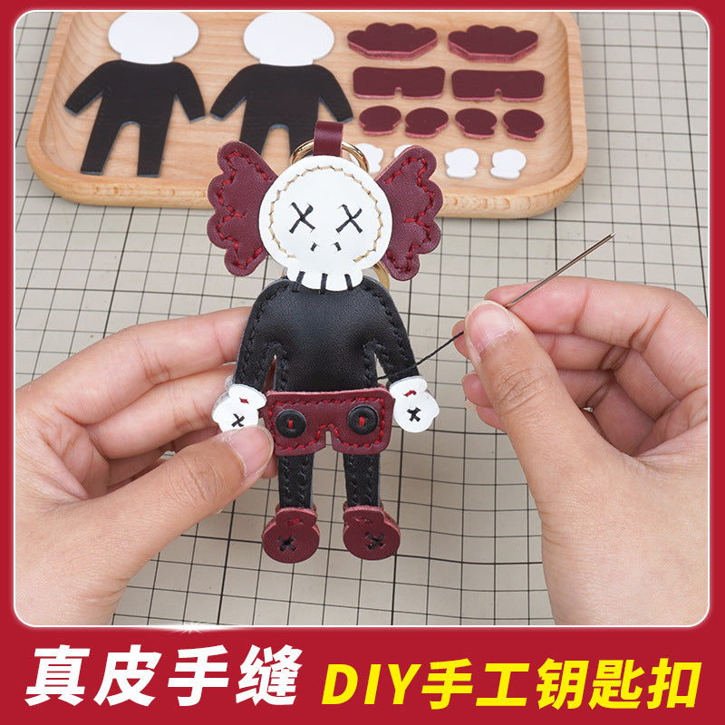 DIY Leather Keychain Kit Cute Character Pendant | Handmade PU + Cowhide Craft Keyring Set with Video Tutorial