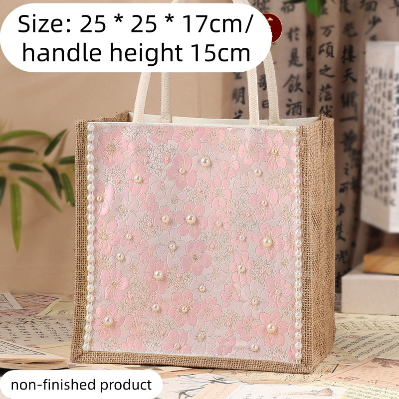 DIY Fabric Tote Bag Kit with Floral Brocade & Pearl Decoration | Handmade Canvas Handbag Craft Set Creative Gift