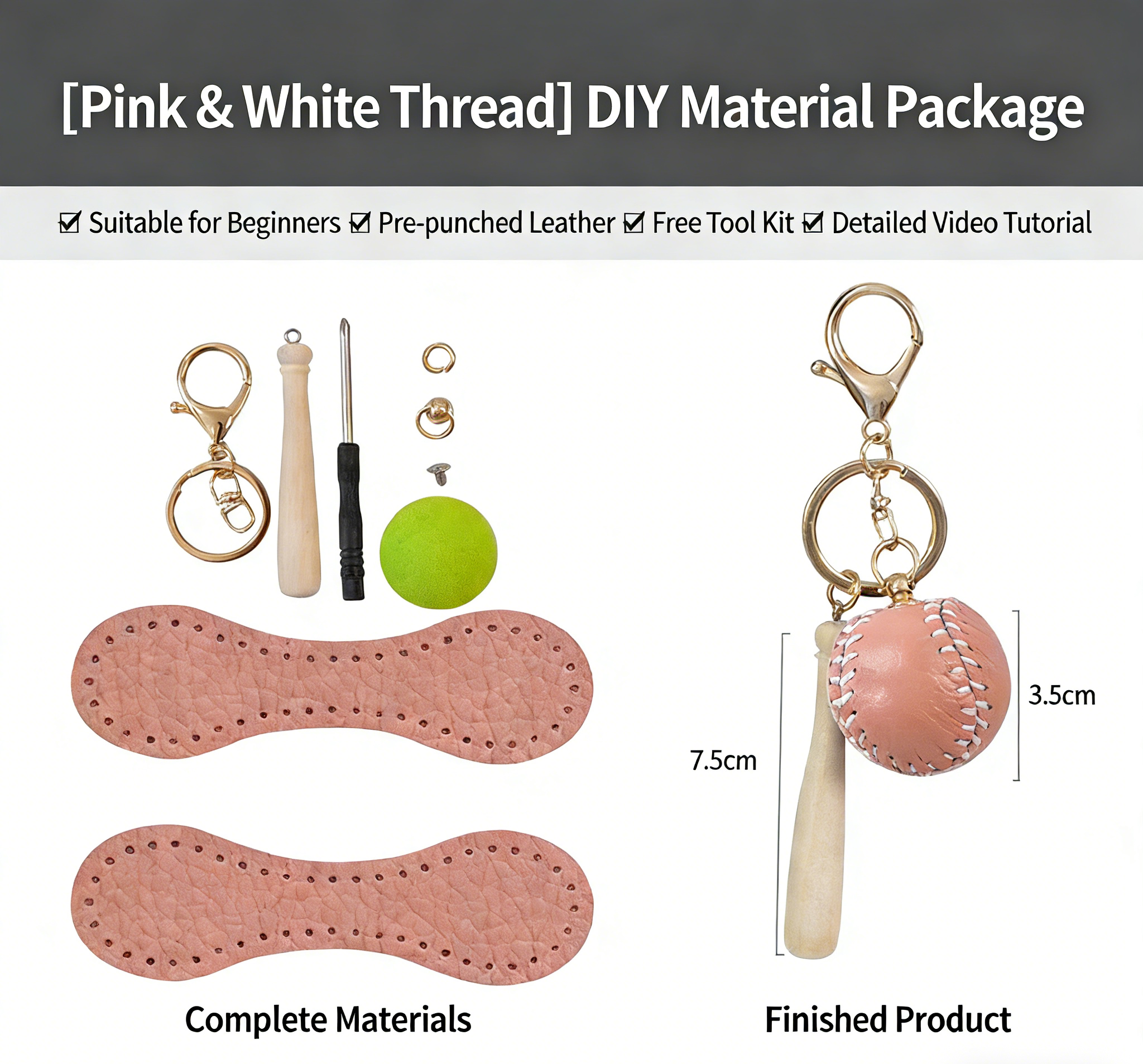 DIY Baseball Keychain Craft Kit | Beginner-Friendly Handmade Leather Gift Set | Pre-Cut Real Cowhide DIY Stitching Kit