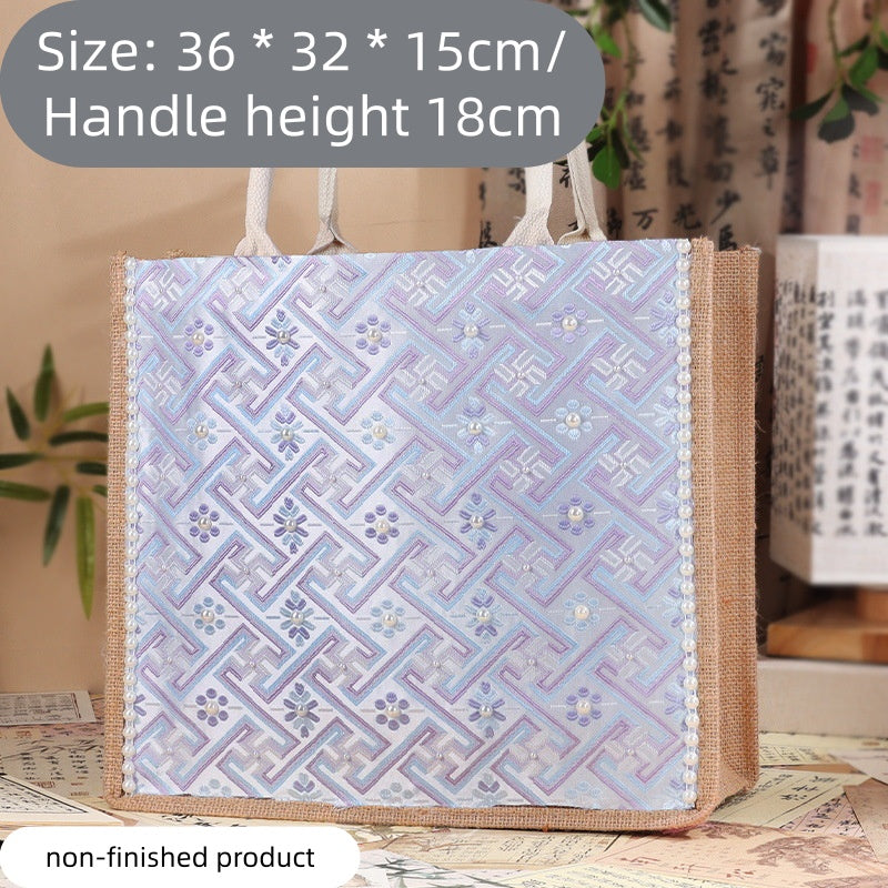 DIY Fabric Tote Bag Kit with Floral Brocade & Pearl Decoration | Handmade Canvas Handbag Craft Set Creative Gift