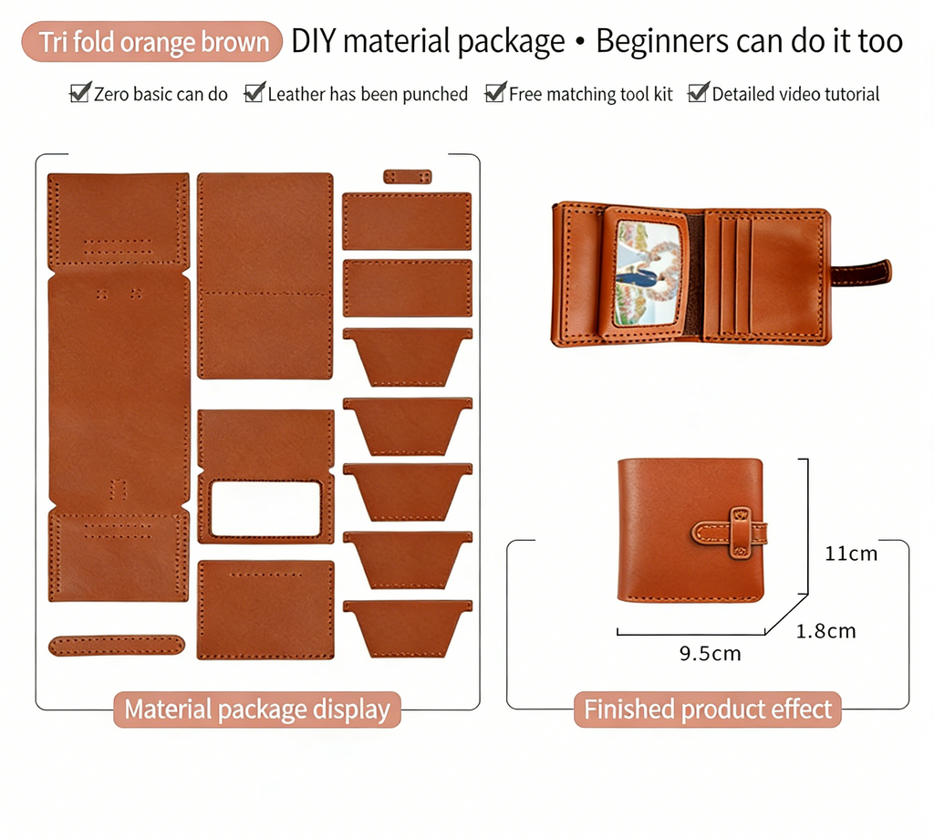 DIY Leather Wallet Kit for Beginners – Handmade Cowhide Bi-Fold & Tri-Fold Wallet Sewing Kit with Pre-Cut Leather and Video Tutorial