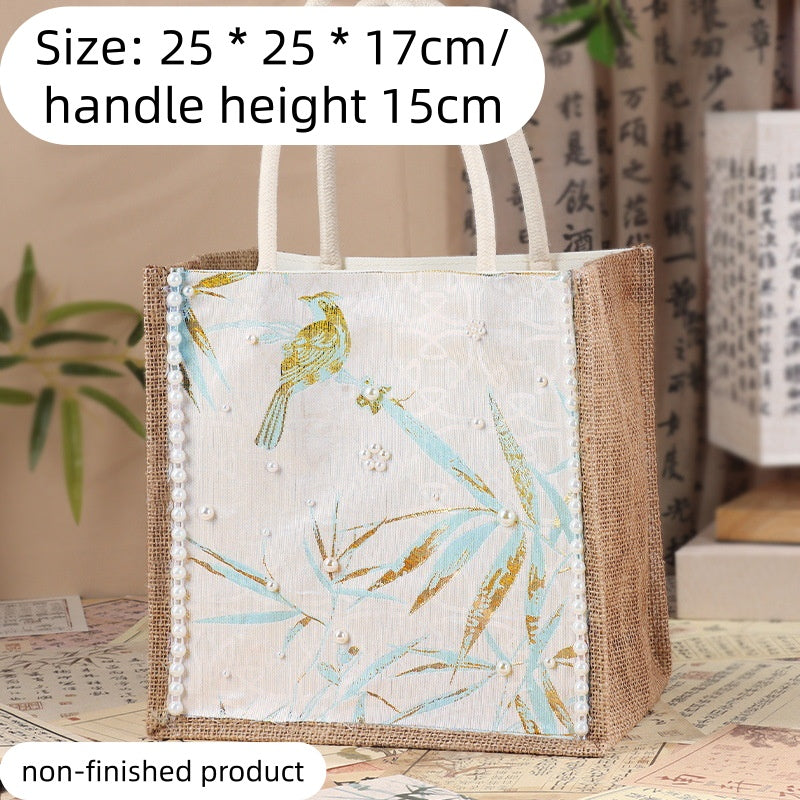 DIY Fabric Tote Bag Kit with Floral Brocade & Pearl Decoration | Handmade Canvas Handbag Craft Set Creative Gift