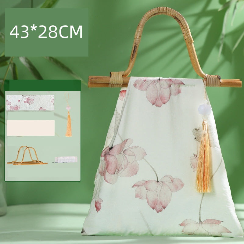 DIY Bamboo Handle Handbag Kit | Chinese Style Straw Woven Bag Craft Set with Fabric Materials | Handmade New Chinese Aesthetic Gift Bag