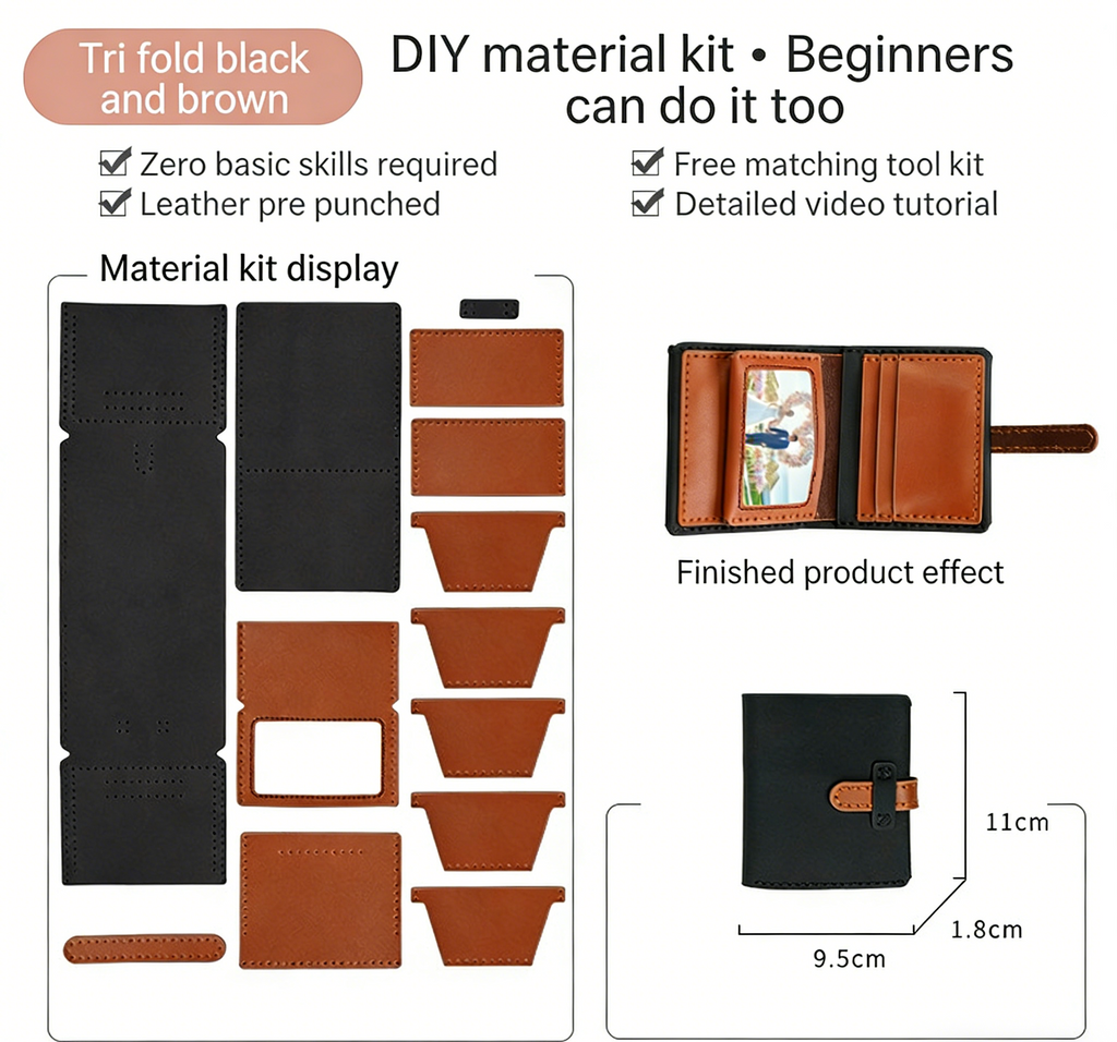 DIY Leather Wallet Kit for Beginners – Handmade Cowhide Bi-Fold & Tri-Fold Wallet Sewing Kit with Pre-Cut Leather and Video Tutorial