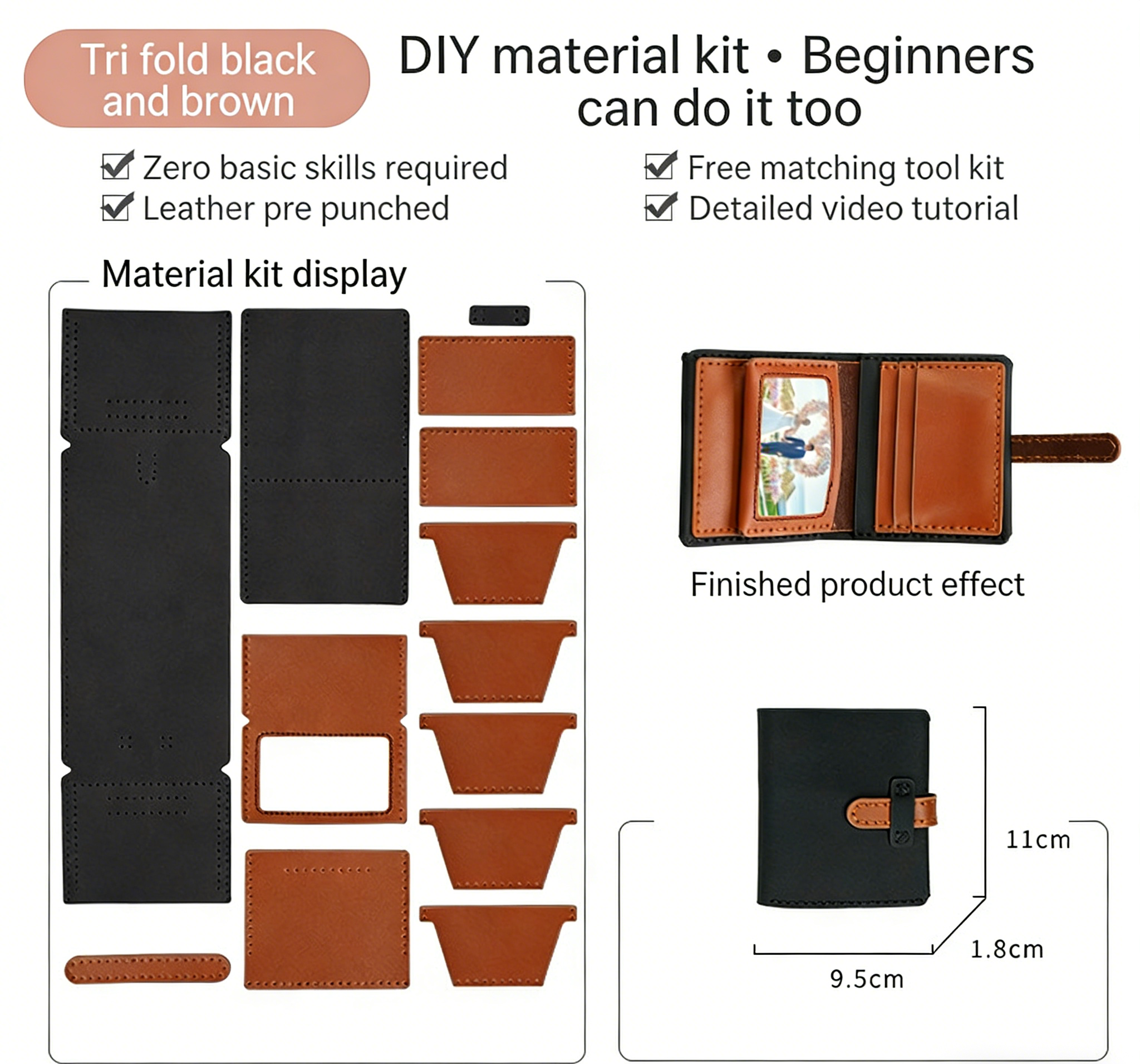 DIY Leather Wallet Kit for Beginners – Handmade Cowhide Bi-Fold & Tri-Fold Wallet Sewing Kit with Pre-Cut Leather and Video Tutorial