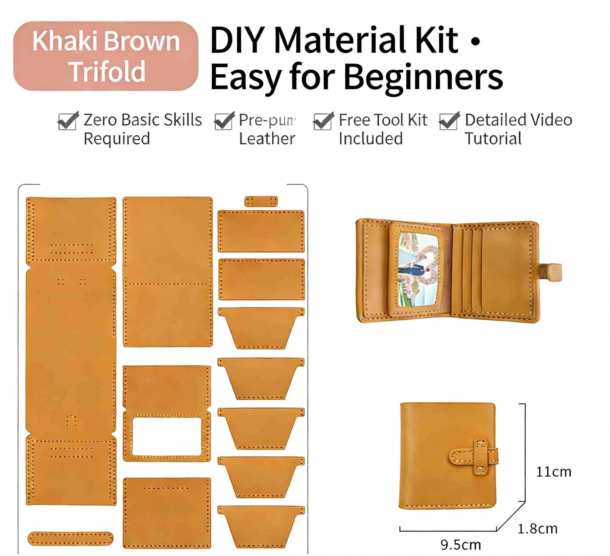 DIY Leather Wallet Kit for Beginners – Handmade Cowhide Bi-Fold & Tri-Fold Wallet Sewing Kit with Pre-Cut Leather and Video Tutorial