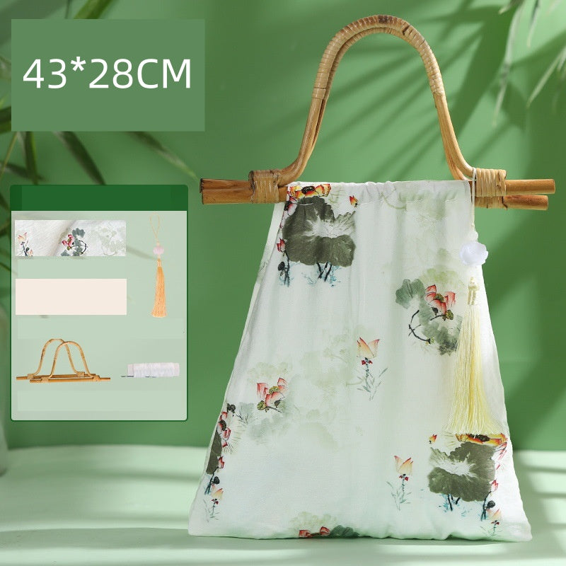 DIY Bamboo Handle Handbag Kit | Chinese Style Straw Woven Bag Craft Set with Fabric Materials | Handmade New Chinese Aesthetic Gift Bag