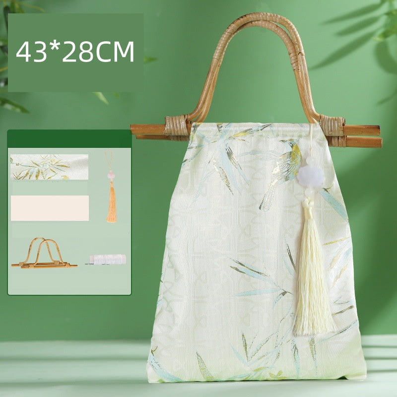 DIY Bamboo Handle Handbag Kit | Chinese Style Straw Woven Bag Craft Set with Fabric Materials | Handmade New Chinese Aesthetic Gift Bag