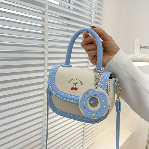DIY Cherry Print PU Mini Handbag 3 Colors Cute Donut Pendant Crossbody Shoulder Bag For Women
