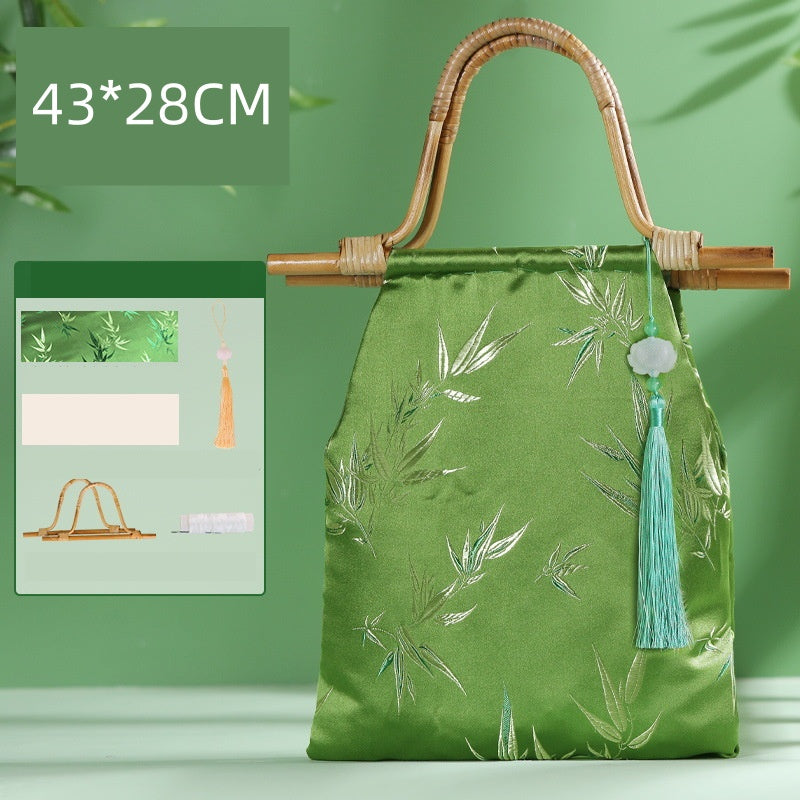 DIY Bamboo Handle Handbag Kit | Chinese Style Straw Woven Bag Craft Set with Fabric Materials | Handmade New Chinese Aesthetic Gift Bag
