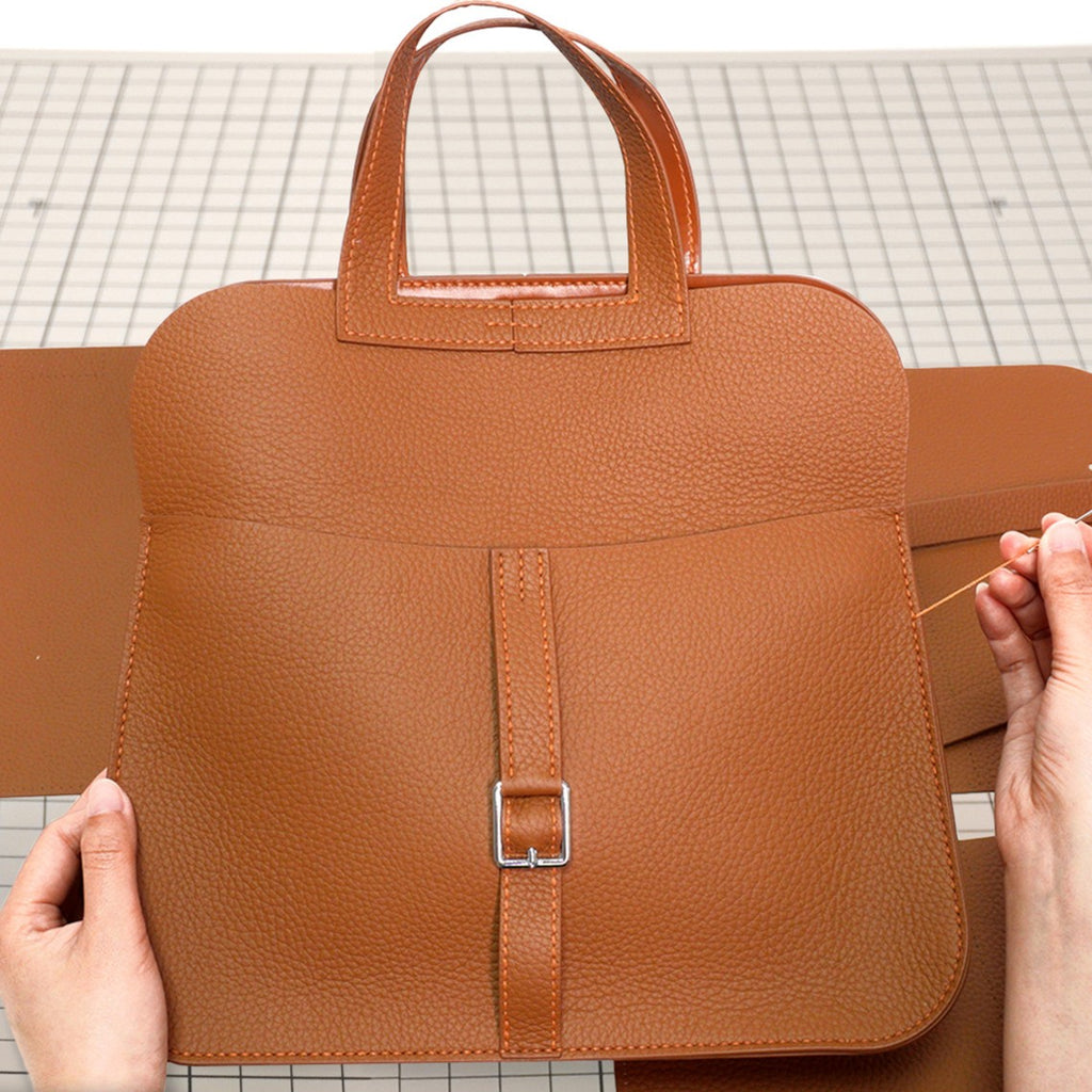 DIY Genuine Leather Tote Bag Kit for Beginners – Handmade Cowhide Shoulder Bag Sewing Kit with Pre-Cut Materials & Video Tutorial