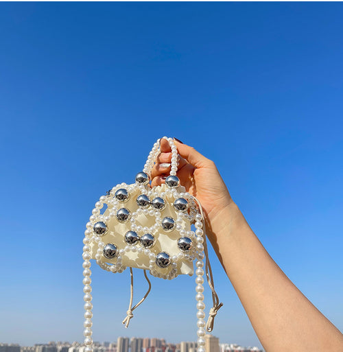 DIY Beaded Drawstring Mini Bucket Crossbody Bag Kit, Big Metal Ball Pearl Woven Handheld Purse 3 Styles