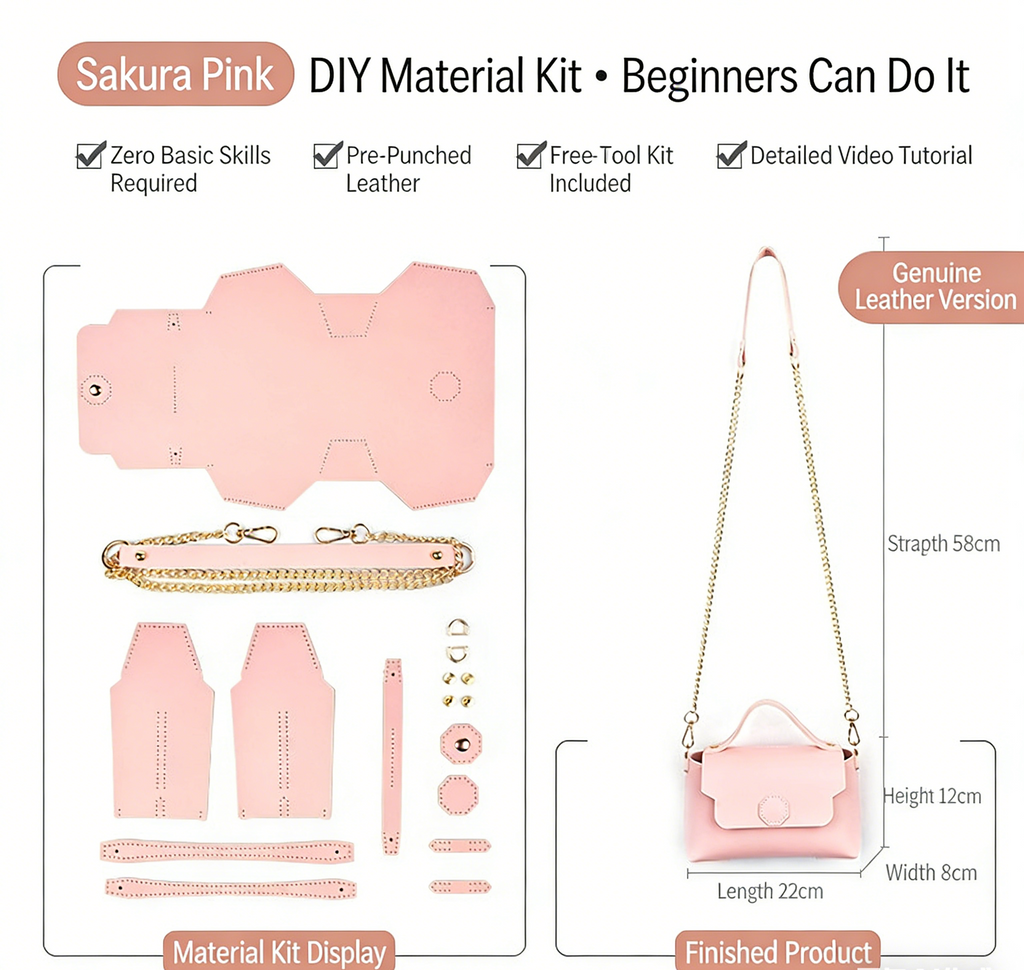 DIY Leather Shoulder Bag Kit for Beginners – Handmade Crossbody Purse with Video Tutorial, Pre-Cut Cowhide Craft Gift