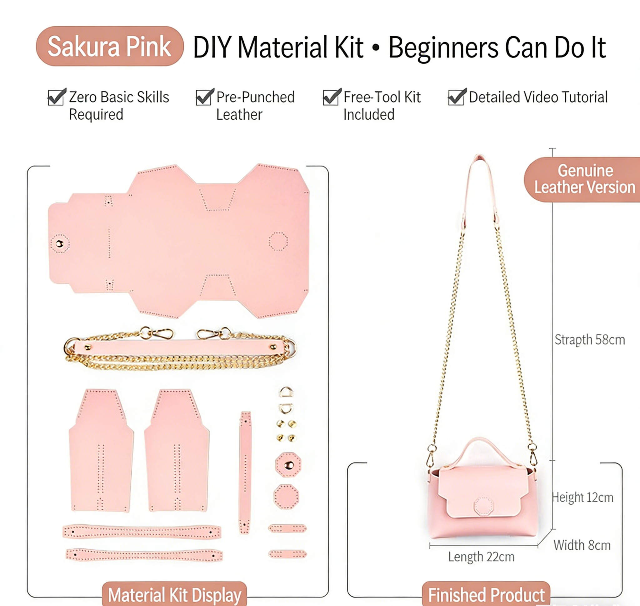 DIY Leather Shoulder Bag Kit for Beginners – Handmade Crossbody Purse with Video Tutorial, Pre-Cut Cowhide Craft Gift