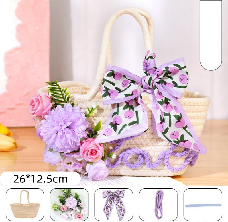 DIY Floral Straw Woven Bag Kit | Handmade Flower Weaving Tote Craft Set with Artificial Flowers | Spring & Summer Travel Fashion Bag Gift