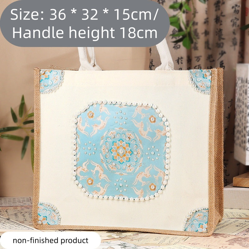 DIY Fabric Tote Bag Kit with Floral Brocade & Pearl Decoration | Handmade Canvas Handbag Craft Set Creative Gift
