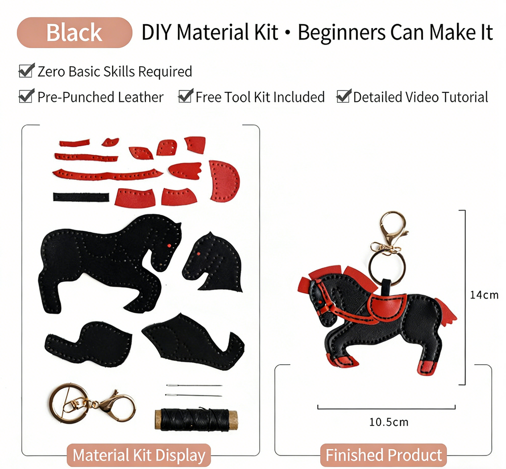 DIY Leather Horse Keychain Kit for Beginners – Handmade Cowhide Bag Charm & Keyring Craft Set with Video Tutorial